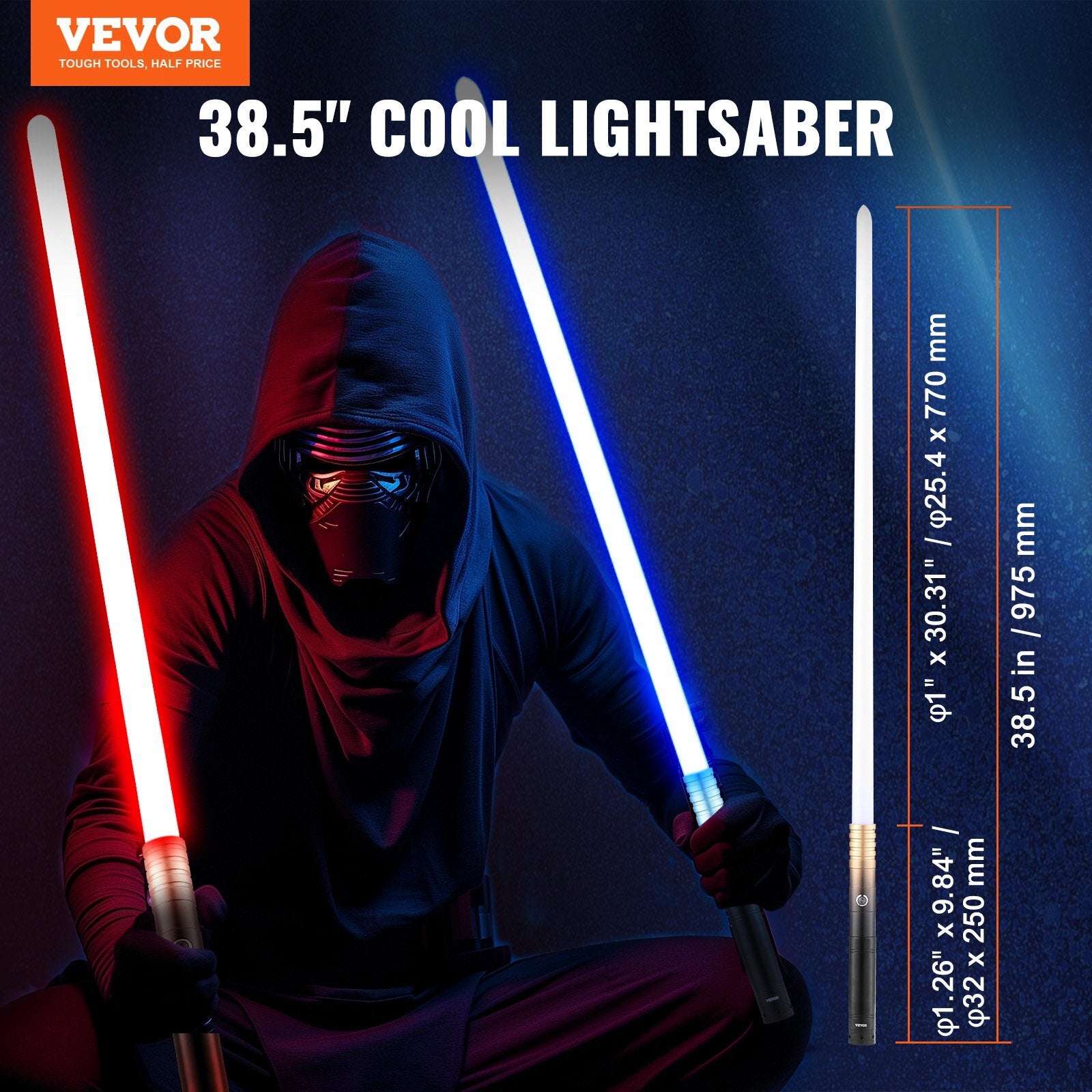 VEVOR RGB Light-Up Sword with 12 colors and 4 sound effects, rechargeable LED FX sword for cosplay, Halloween, and gifts, model TSK-E07, 38.5-inch cool lightsaber evlune